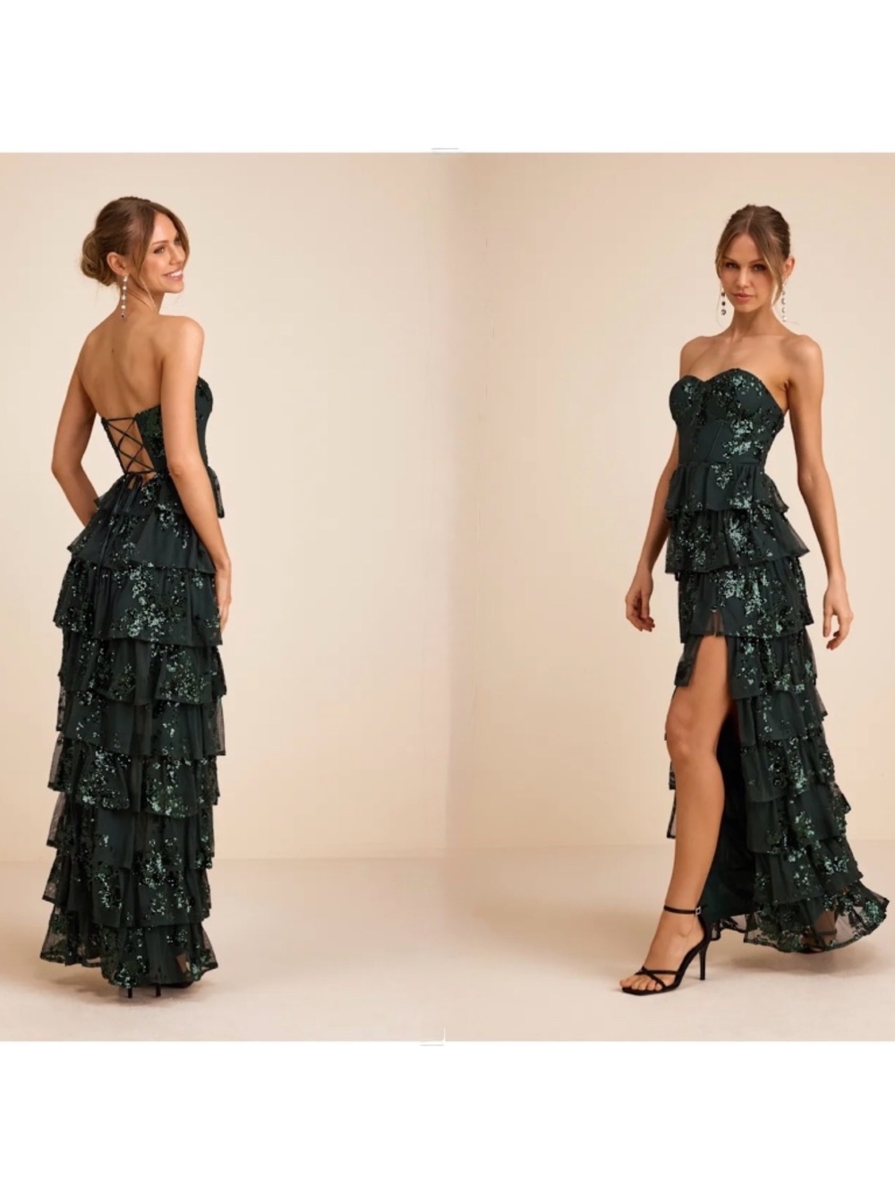 NWT Lulus Definite Glamour Emerald Sequin Strapless Bustier Maxi Dress M - Picture 1 of 5